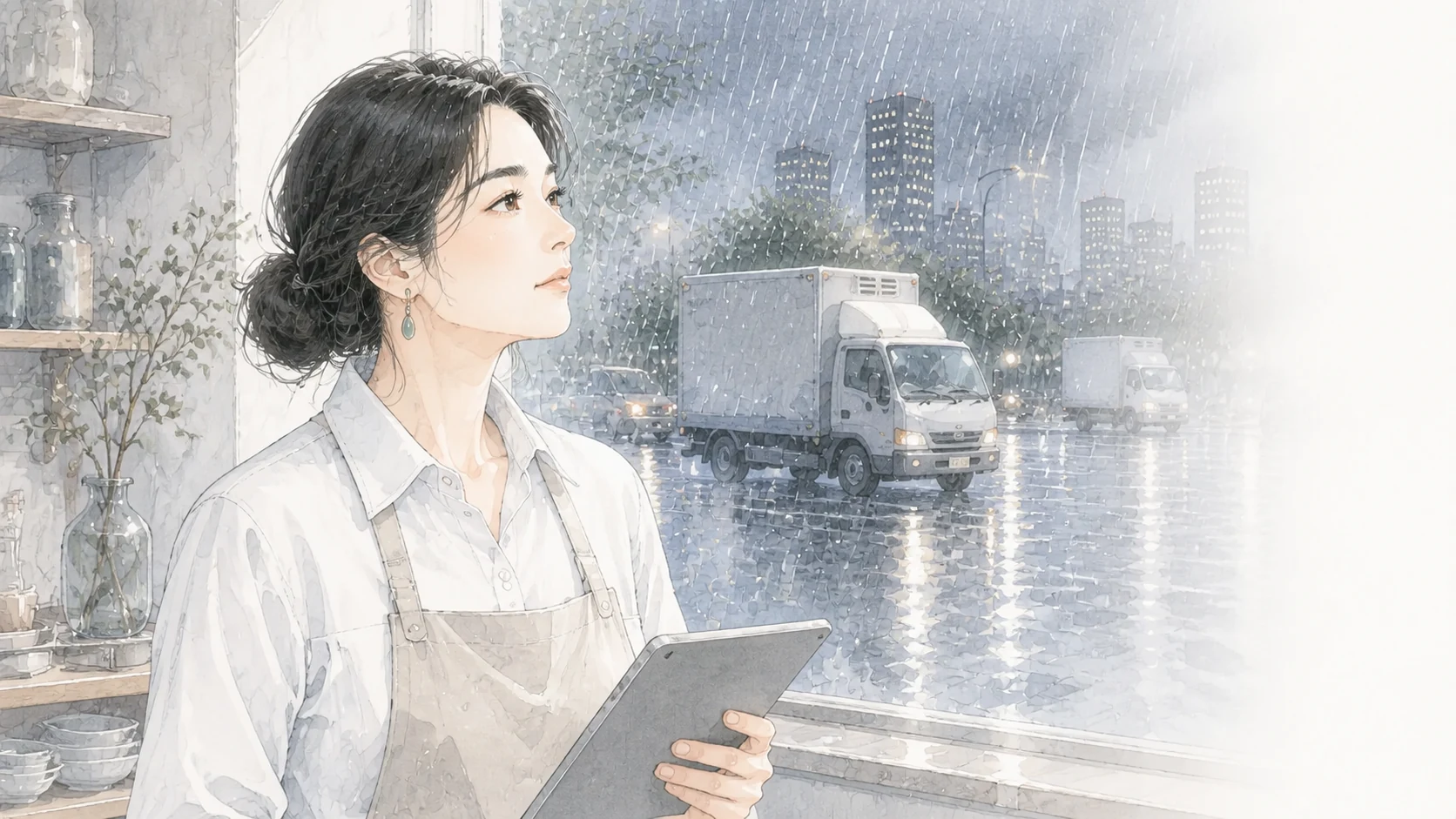大雨と物流の混乱を窓の外に見ながら、タブレットを手に状況を見極める飲食店経営者