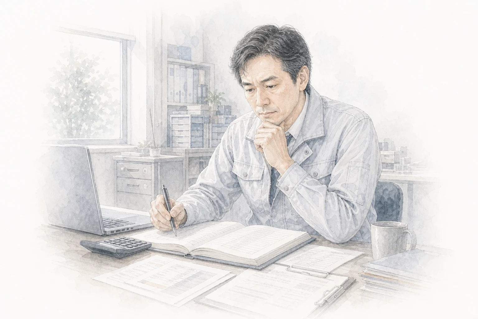 会社の数字と向き合い、帳簿を確認する中小企業経営者