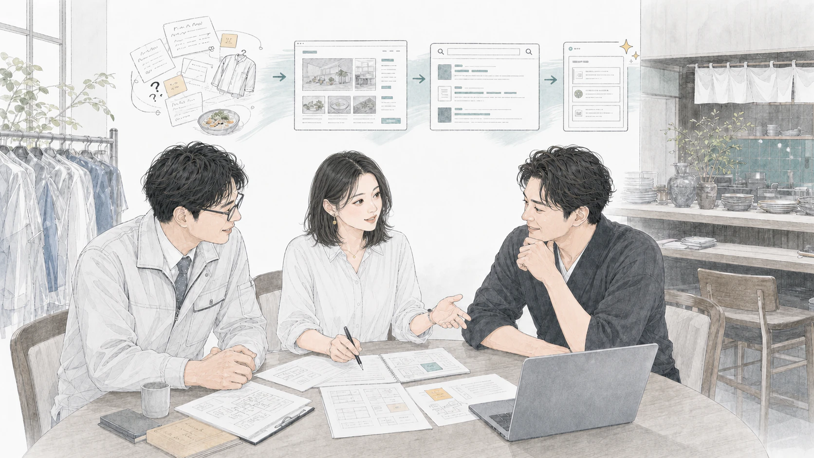 クリーニング店と飲食店の経営者が、顧客の疑問をWebページと検索・AI回答へ整理する打ち合わせ