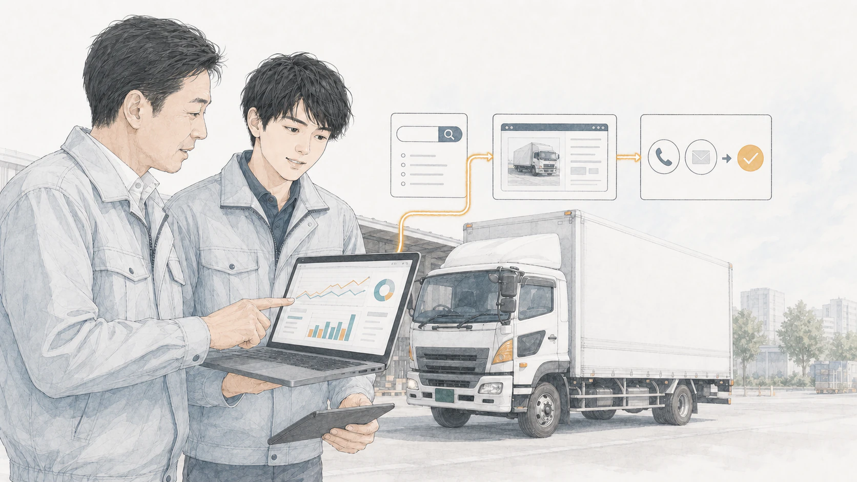 運送会社の経営者と担当者が、自社の検索流入と問い合わせデータを確認する場面