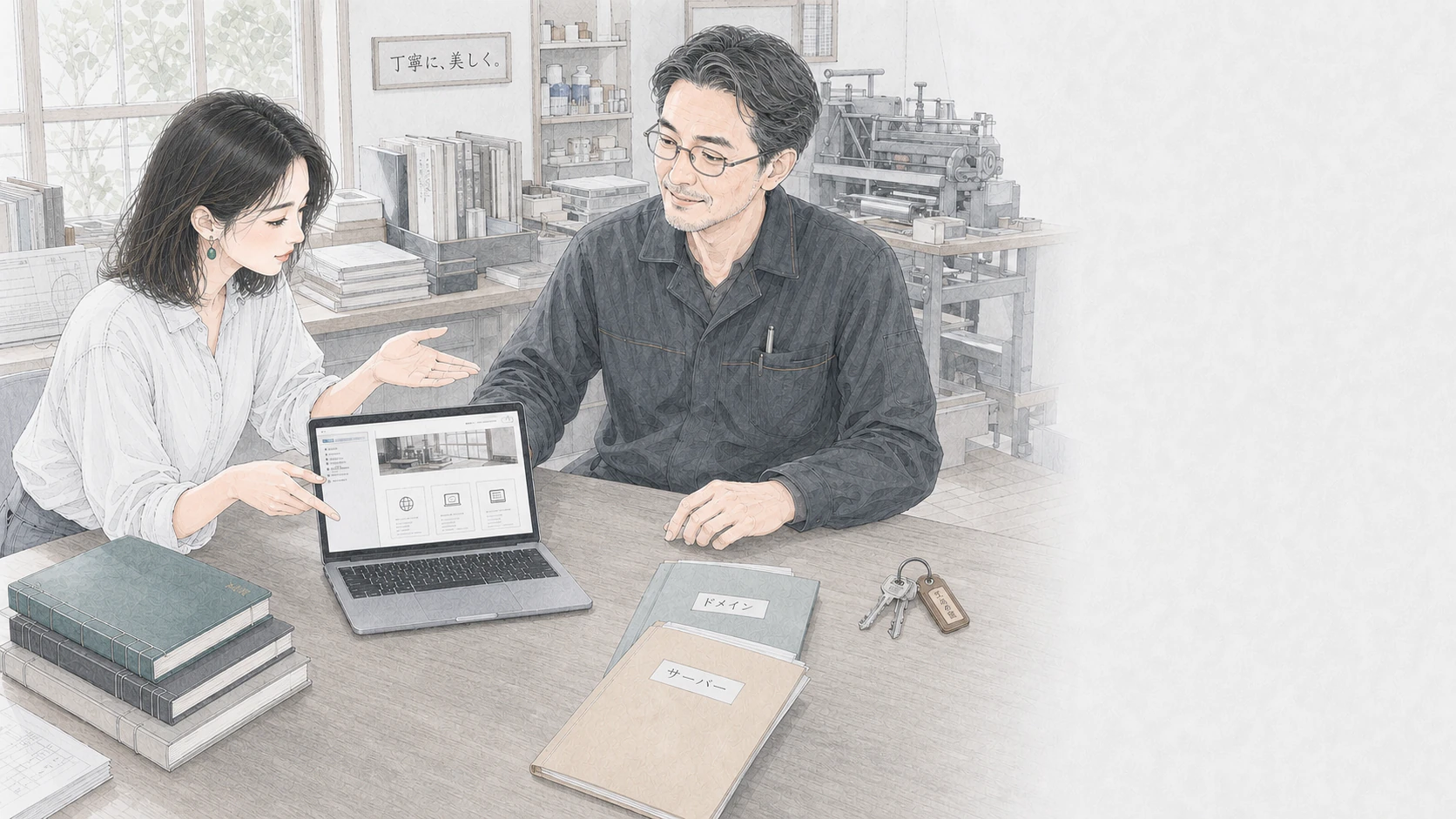 製本会社の経営者が自社名義のドメインとサーバー、Webサイトの管理方法を受け取る場面