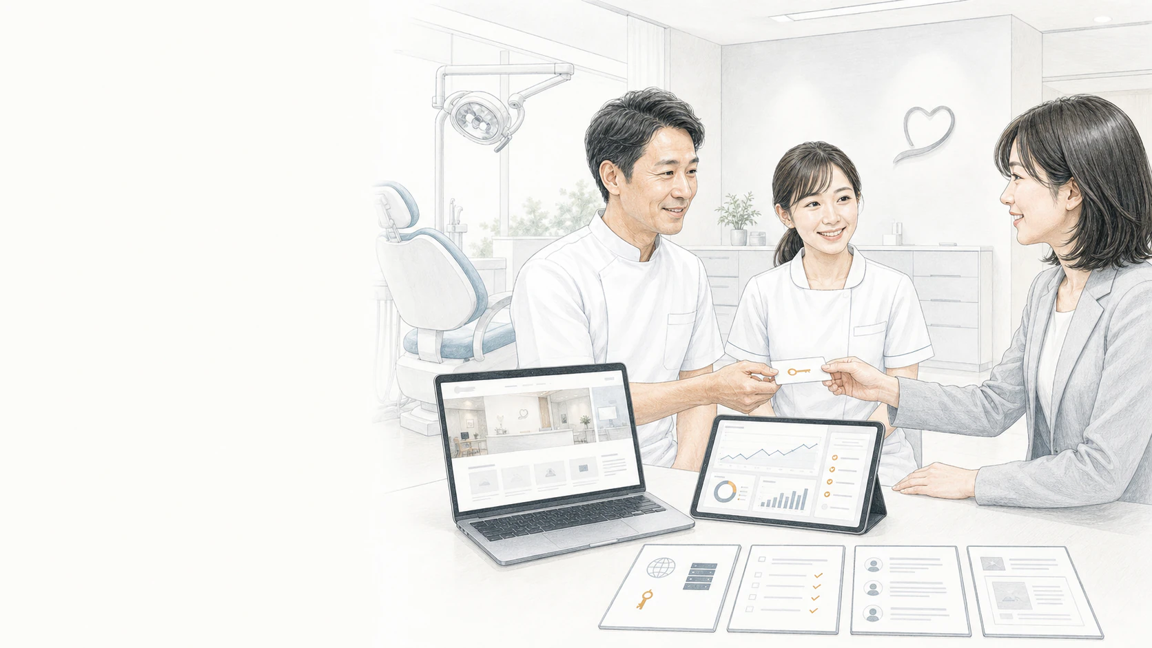 歯科医院の院長とスタッフが、Webサイト・計測環境・ドメイン・運用資料を自社へ引き継ぐ場面