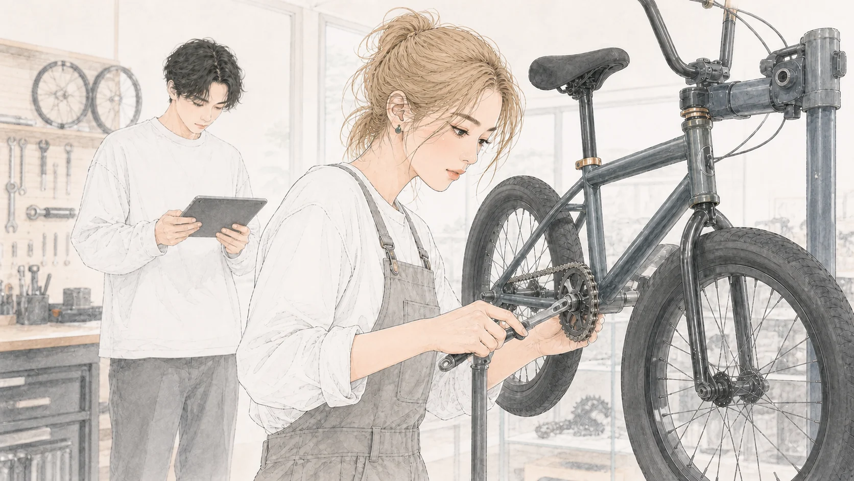自転車店でBMXを整備する女性とタブレットを使うスタッフ