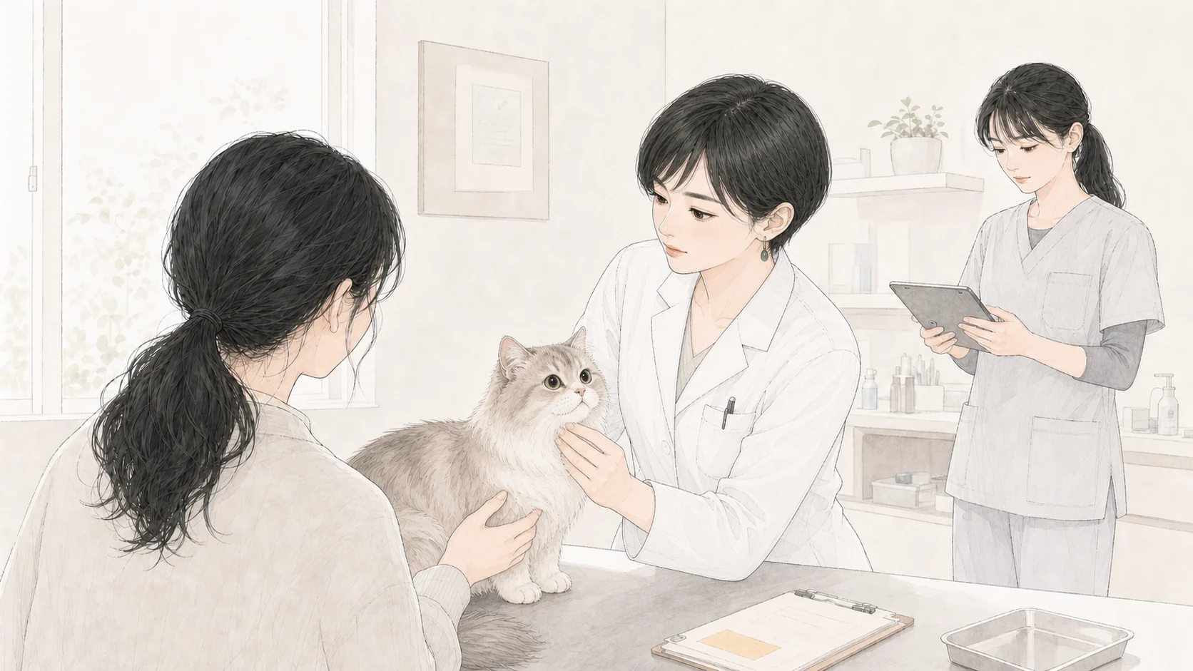 動物病院で猫を診察する獣医師とスタッフ